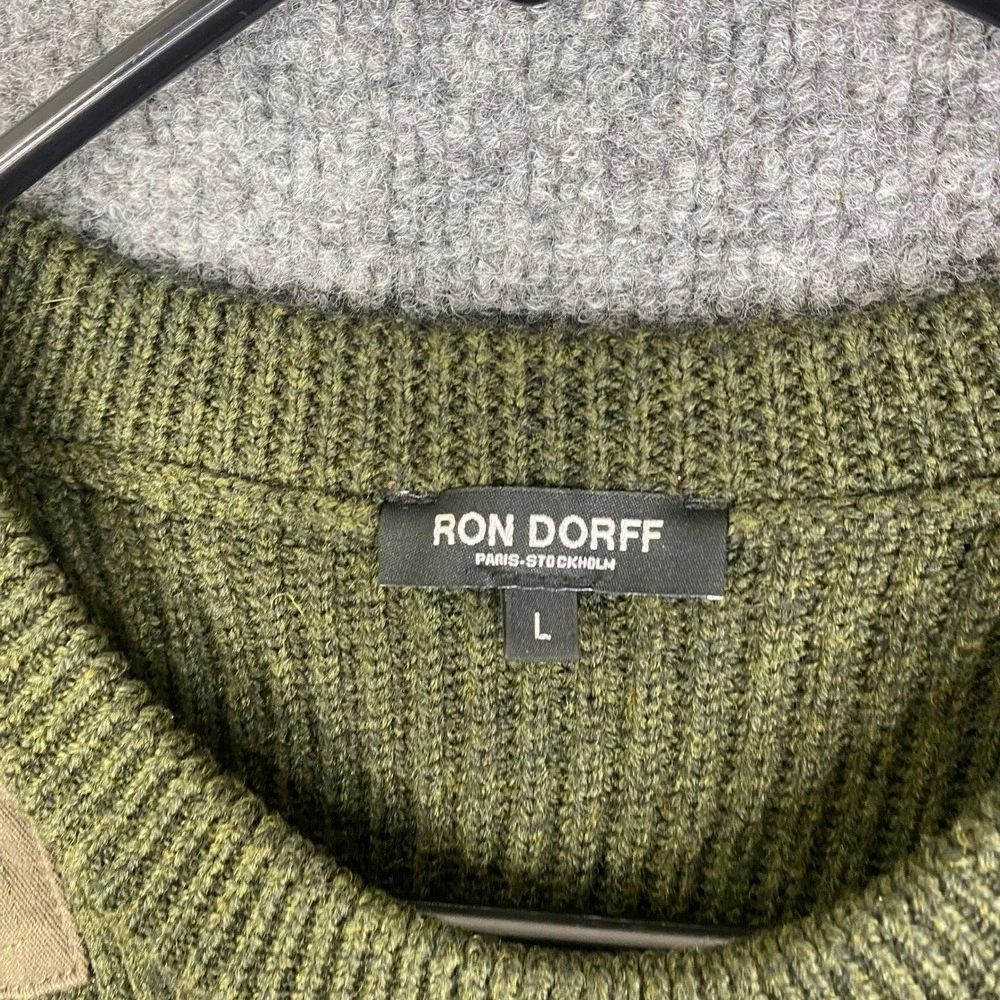 Ron Dorff Mens 100% Wool Ribbed Military Sweater Olive Green Patches L 08SW1502